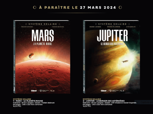 A gauche : Tome 1, "Mars, la planète rouge" A droite :Tome 2, "Jupiter – Le berger des astéroïdes"